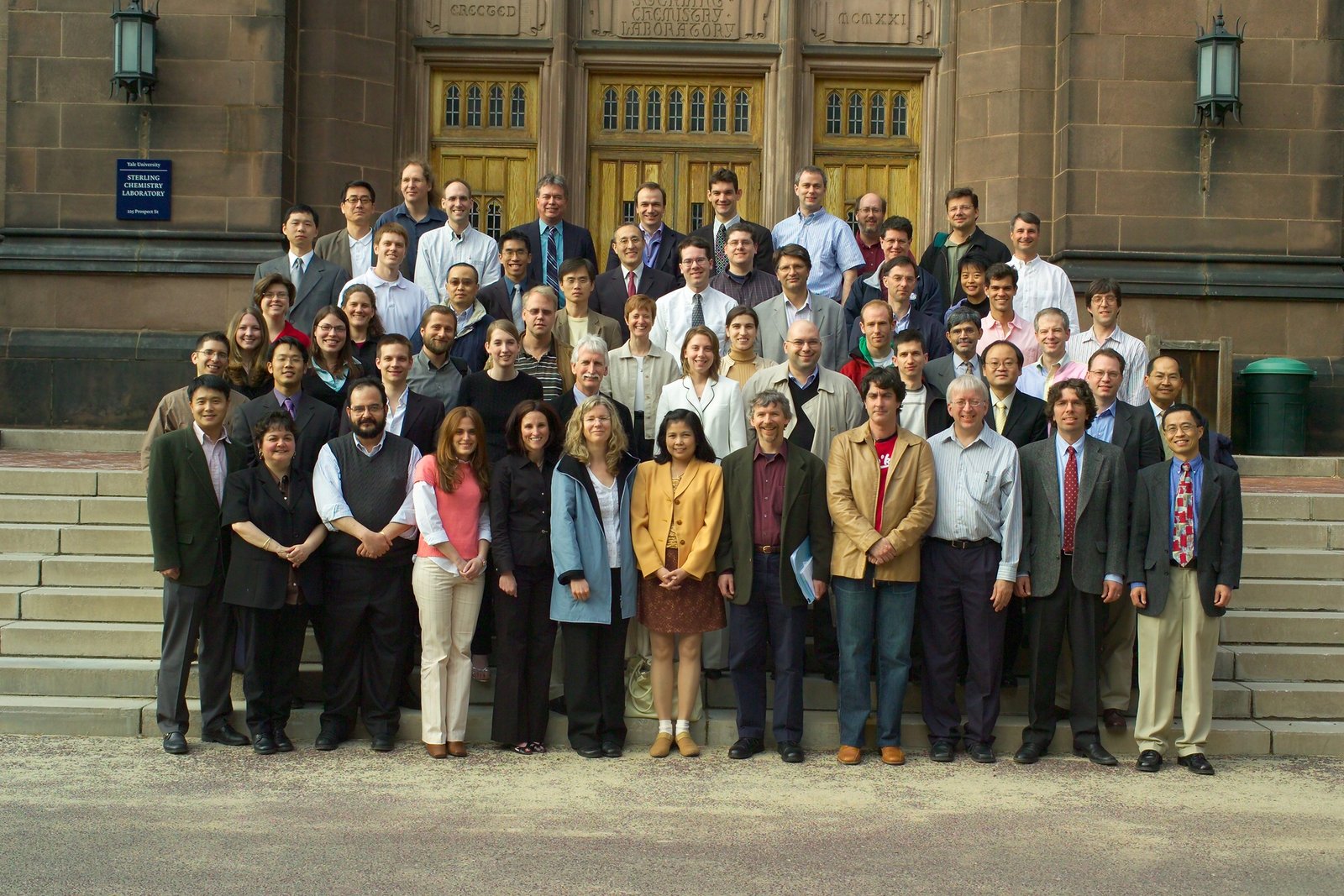 Former group members and colleagues at the 2005 symposium &ldquo;30 Years in the Trenches&rdquo;, on the steps of Sterling Chemistry Laboratory, Yale