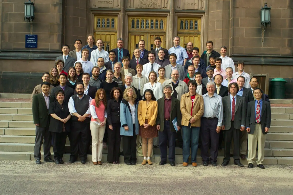 Former group members and colleagues at the 2005 symposium &ldquo;30 Years in the Trenches&rdquo;, on the steps of Sterling Chemistry Laboratory, Yale