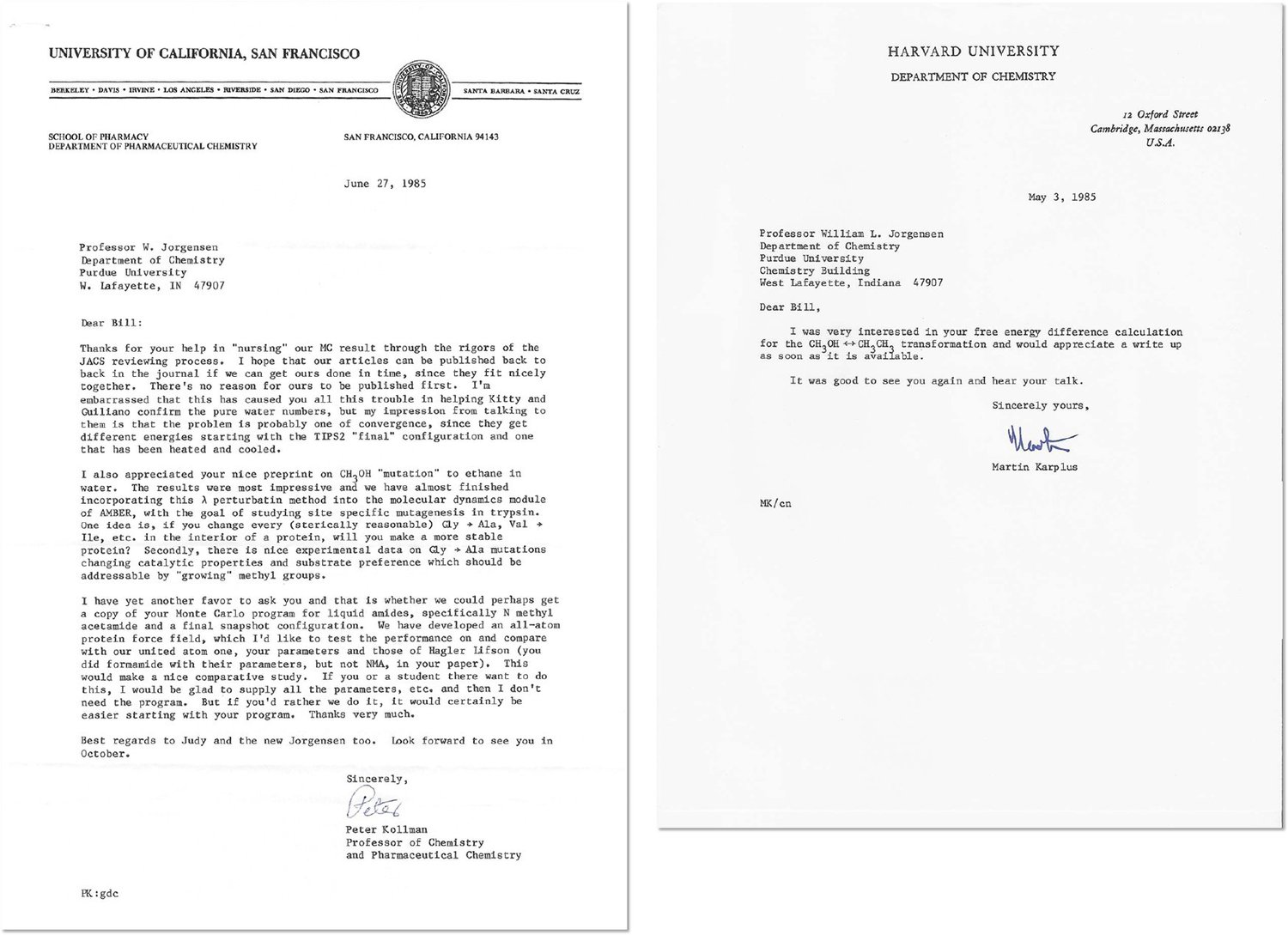 Letters from Peter Kollman (June 27, 1985) and Martin Karplus (May 3, 1985) to William Jorgensen concerning the ethane–methanol calculation